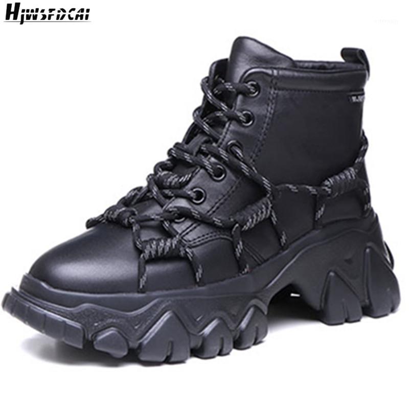 

Hjwsfdcai Women Cross-Tied Lace-Up Casual Dad Shoes Cowhide Leather Platform Wear-Resistant Female Ankle Boots New Ladies Shoes1, Black