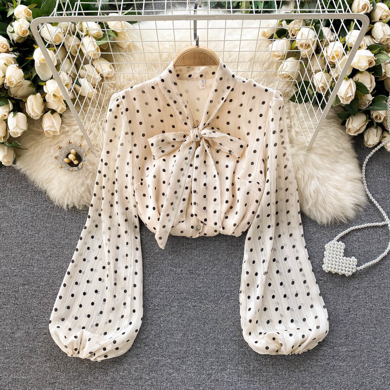 

2021 New female singiny polka dot sweet blouse bow puff office blouses fall loose streetwear tops VQOM, Apricot
