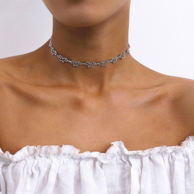 

Vintage Gold Silver Color Alloy Hollow Small Butterfly Choker Necklace Women Short Clavicle Chain 2020 Fashion Statement Collar