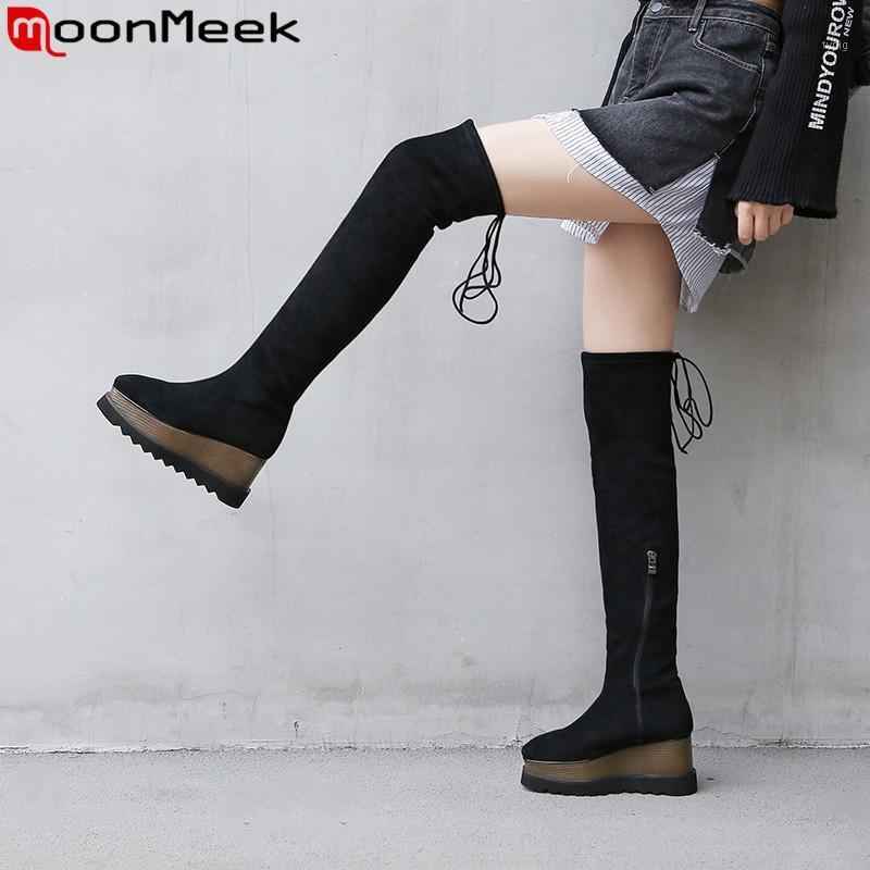 

MoonMeek big size 34-43 new autumn winter boots square toe suede leather boots zip platform wedges shoes over the knee1, Black