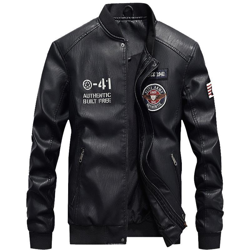 

New Men's Leather Jacket Coat Male 4XL Stand Collar Casual Pilot PU Leather Jacket Men ike rand Clothing G7702, Black