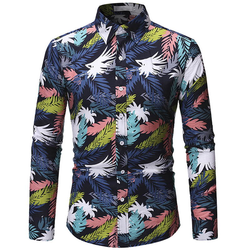 

2020 Spring and Autumn Fashion New Men's Casual Boutique Long Sleeve Beach Flower Slim Fit Shirt, 7016