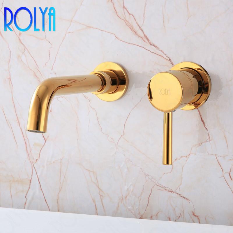 

ROLYA Wall Mounted Golden Basin Faucet Single Lever Lavatory Bathroom Sink Mixer Trim Tap Vessel Basin Set