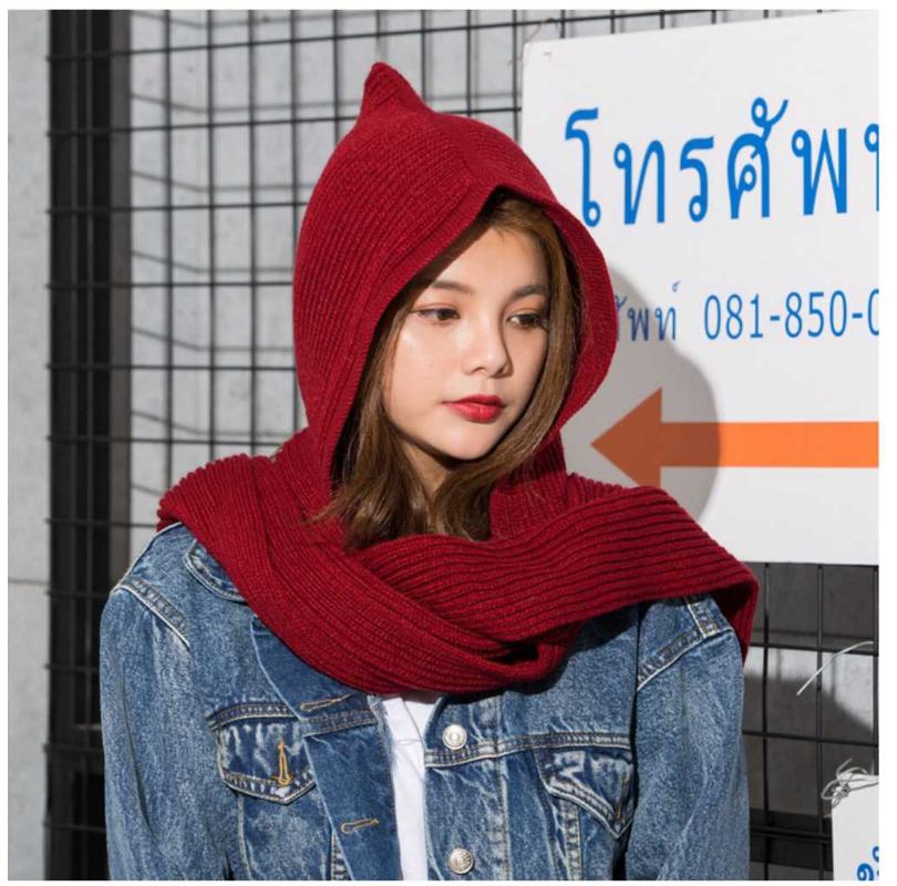 

2020 Brand Design Women's Hooded Scarf Winter Wool Knitted Earflap Hats Snood Wraps Solid Crochet Scarves and Hat for Girl