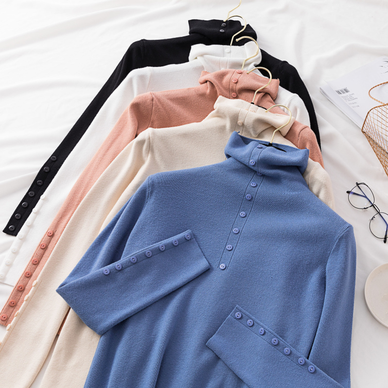 

2021 New Turtleneck Jumper Autumn Winter Clothes Women Button Pull Femme Hiver Knitwear Pullover Knitted Sweater F5vn, Khaki