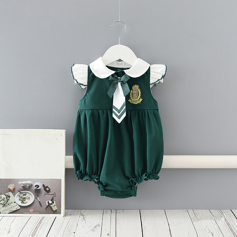 

2021 New 0-24m Newborn Girls Rompers Peter Pan Collar England Style Boys Jumpsuit Bodysuit One-pieces Cotton Baby Clothes with Tie 24lh, Green