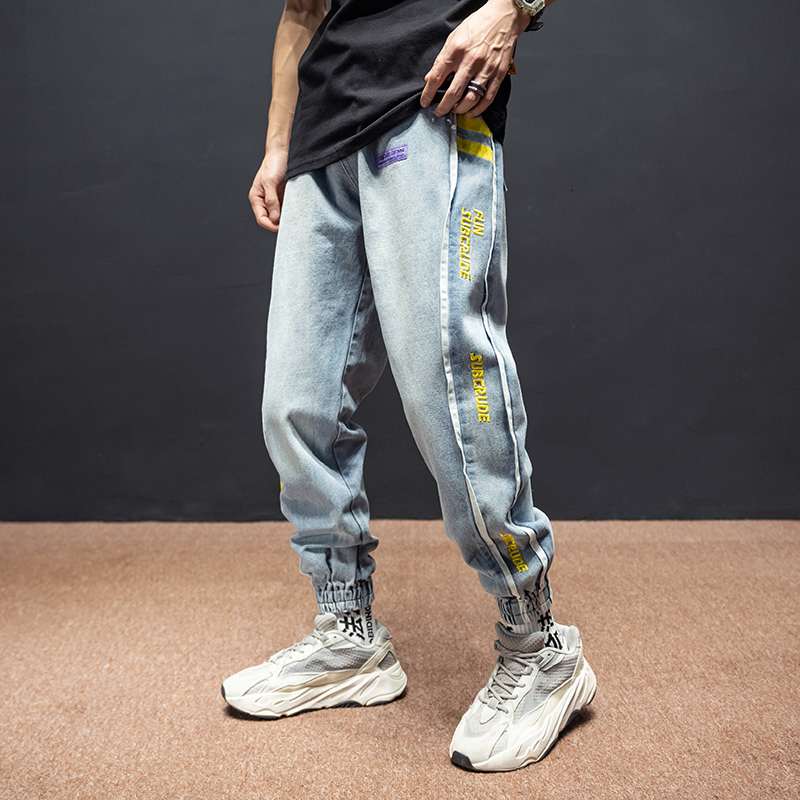 

2021 New Japanese Fashion Fit Stripe Designer Denim Pants Homme Trousers Streetwear Spliced Hip Hop Men Mq9p, Light blue