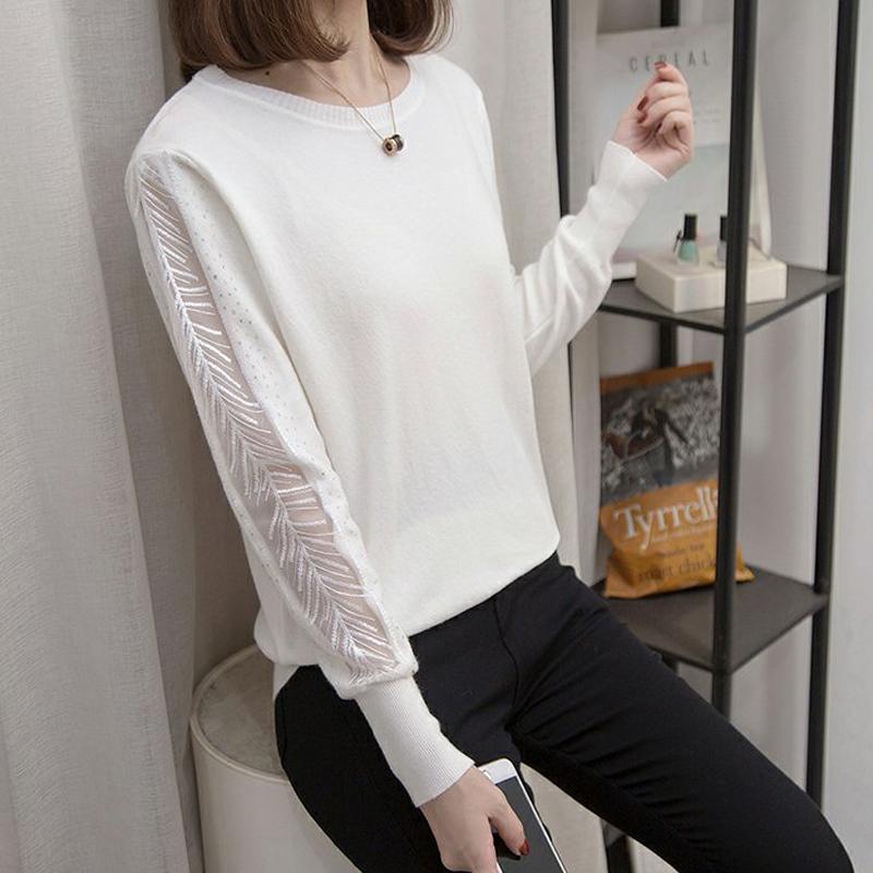 

4XL Large Size Women's Spring Autumn Round Neck Long-Sleeved Sweater Loose Lace Stitching Black White Top Women Sweaters