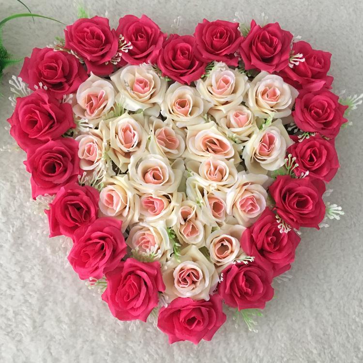 

Hot sale 1Piece 40x38cm Artificial Silk Heart Shape Rose Flower Ball For Wedding Car Door Floral Centerpiece Decoration, Double color champag