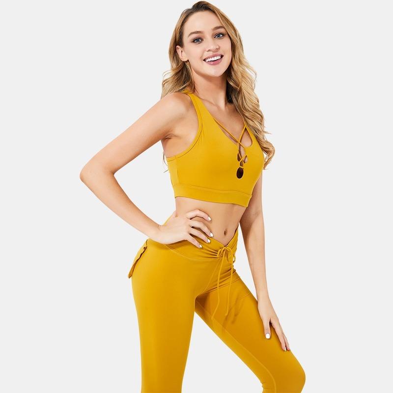 

Autumn Sexy Hollow Seamless Yoga Set Women Sportwear Gym Leggings Sports Bra Set Clothes for Women Fitness Suit with Pockets, Yellow