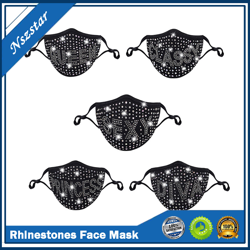 

DHL Letter Dustproof Face Mask Bling Diamond Protective Mask PM2.5 Mouth Masks Washable Reusable Women Colorful Rhinestones Face Mask 2021