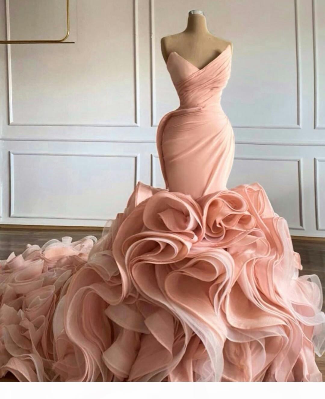 

2021 Blush Pink Mermaid Wedding Dresses Elegant Sweetheart V Neck Tiered Skirt Ruffles Princess Trumpet Vestidos De Novia Wedding Gowns, Champagne