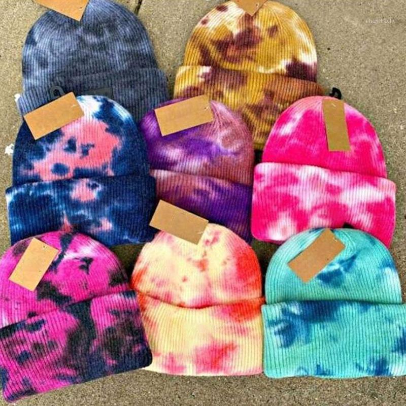 

Tie-dye Beanie Warm Winter Hats For Women Ladies Men Cuffed Plain Skull Cap Bonnet Autumn Knitted Hip hop Plangi Short1, 06