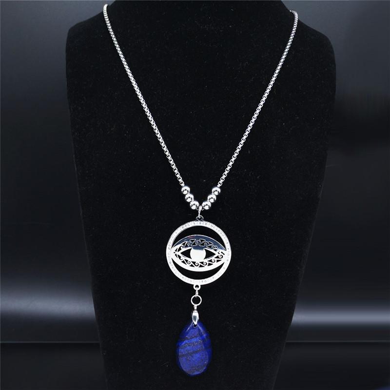 

Crystal Islam Turkish Eye Stainless Steel Long Necklace for Women Silver Color Tangling Natural Stone Necklace Jewelry N114S04