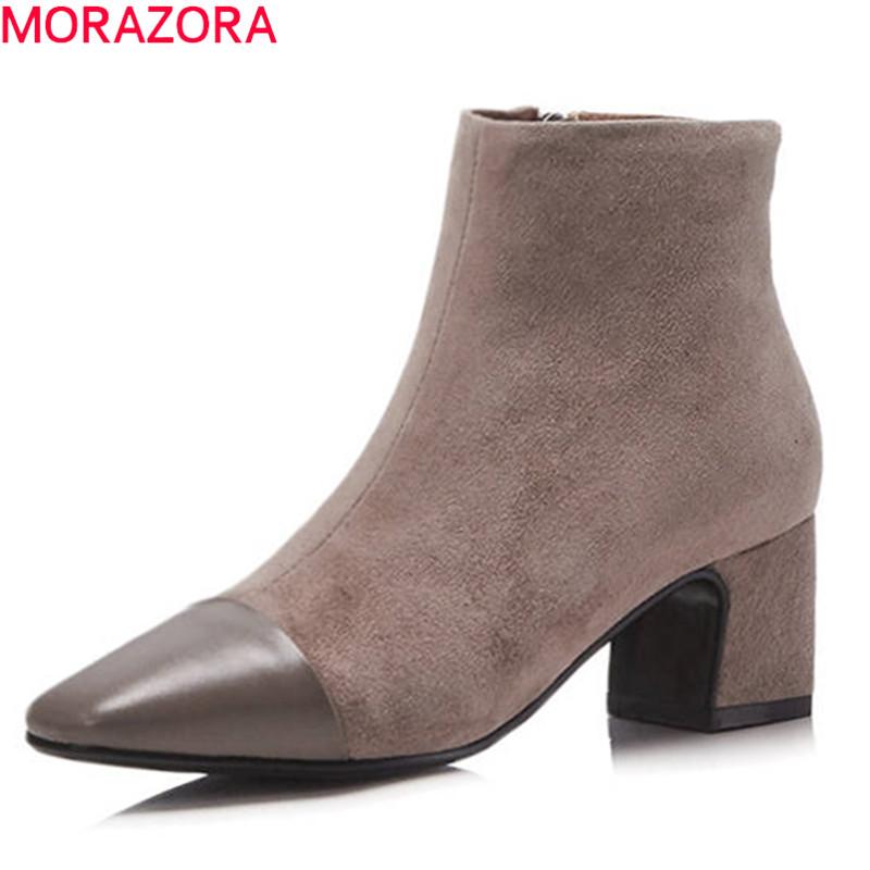 

MORAZORA 2020 new mixed colors fashion boots pointed toe short plush autumn winter ankle boots for women square heel lady, Black with fur