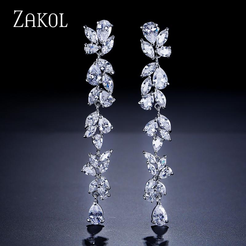 

ZAKOL Luxury Cubic Zirconia Gorgeous Flower Long Dangle Drop Earrings for Women Bridal Wedding Gift FSEP385