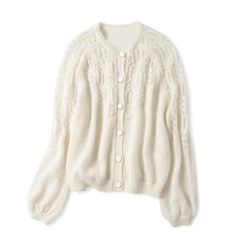 

Spring Women Hollow Out Knitted Cardigan O Neck Solid Color Single Breasted Knitted Sweater Knitwear 201030, Beige