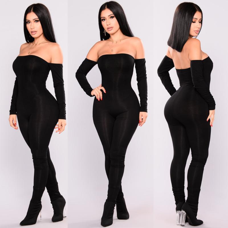 

Jumpsuit Women Off Shoulder Bodycon Long Sleeve Clubwear Playsuit Jumpsuits Rompers Skinny Sexy Jumpsuits Female Black Trousers
