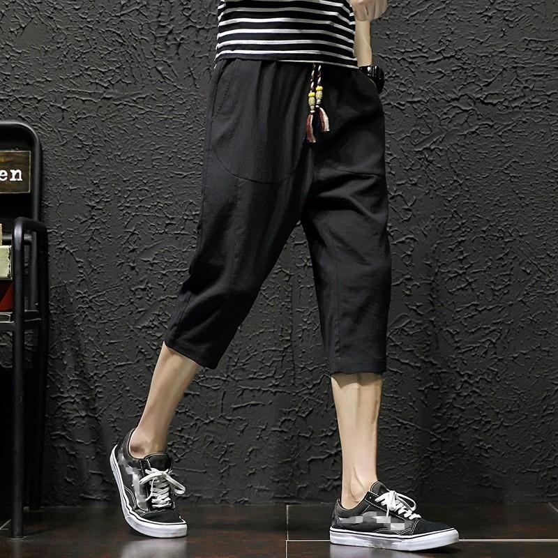 

Summer Harajuka Cotton And Linen Mens Calf Length Drawstring Waist Straight Loose Plus Size Thin Fashion Harem Shorts
