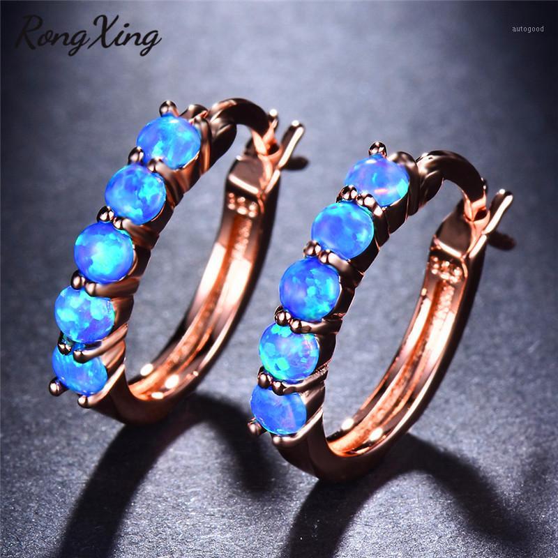 

Hoop & Huggie RongXing Blue/White Fire Opal Rose Gold Earrings For Women Vintage Fashion Birthstone Female Wedding Jewelry Gifts1