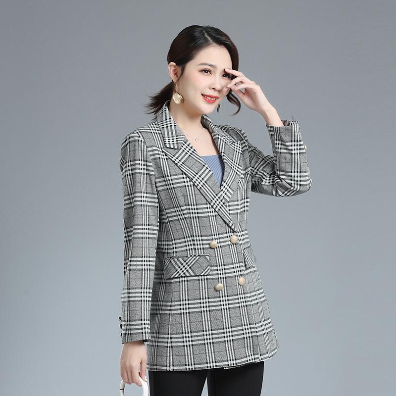 

New Autumn Women Plaid Blazers Elegant Jackets Ladies Work Wear Double Breasted Blazer Female Outerwear Causal Suits Coat, Black
