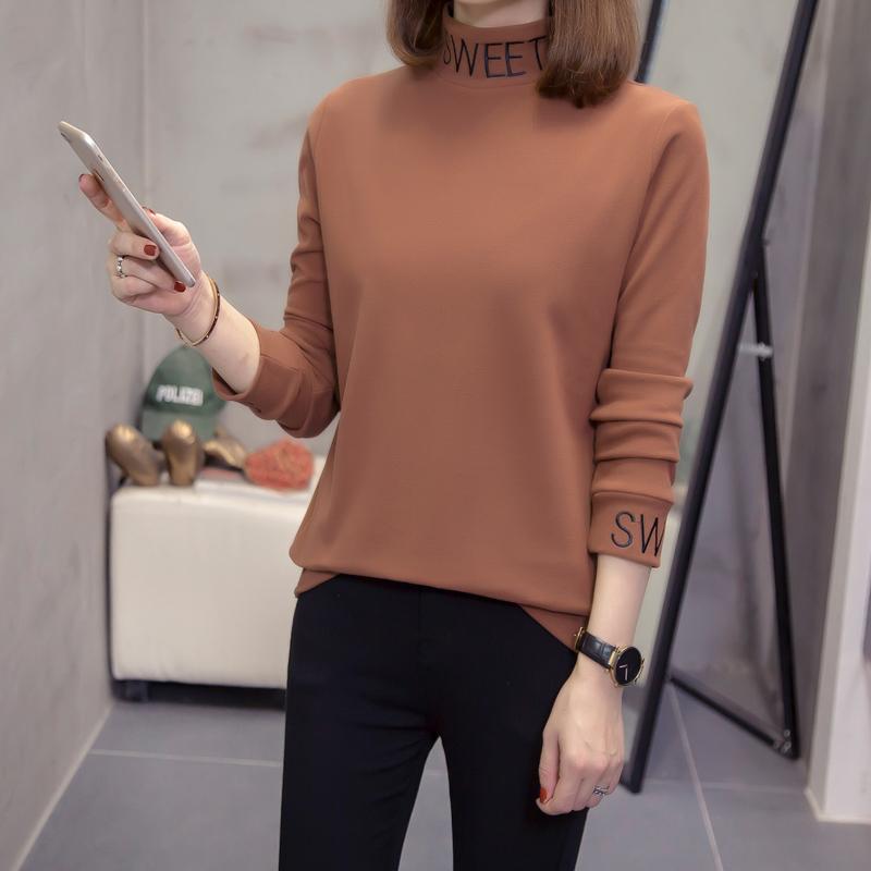 

COIGARSAM 4XL Plus Size Letter blouse women Upset Add Wool Turtleneck blusas womens tops and blouses Brown Black 6824