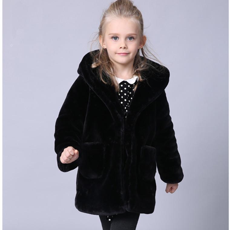 

Autumn Winter Children's Jacket Korean Boys and Girls Hooded Faux Fur Coat Mid-length Baby Kids Parkas, Black