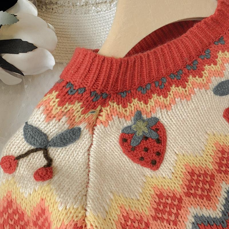 

Japanese Sweater Jumper Women Autumn Winter Lazy Loose Sweet Cute Handmade Crochet Strawberry Cherry Pullover O-Neck Long Sleeve, Photo color