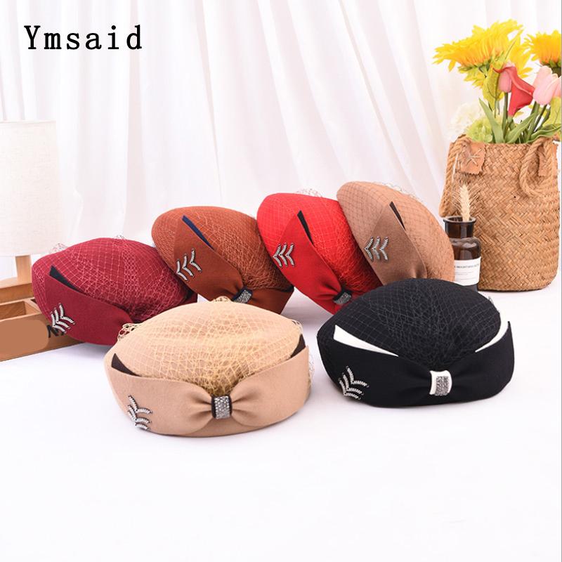 

Ladies Red Wedding Hat For Women Elegant Veil Rhinestone 100% Wool Felt Pillbox Hats Fascinator Winter Fedoras Beret Hats, Dark camel