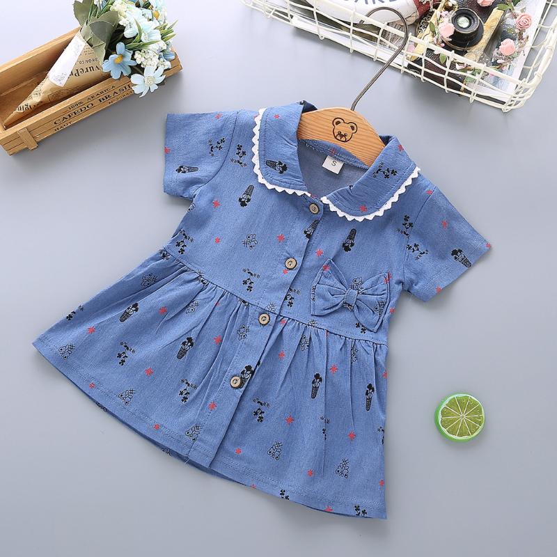 

Fashion Baby girl dress cotton o-neck regular Toddler Baby Floral Print Bowknot Short Sleeve Princess Denim Dress Outfit