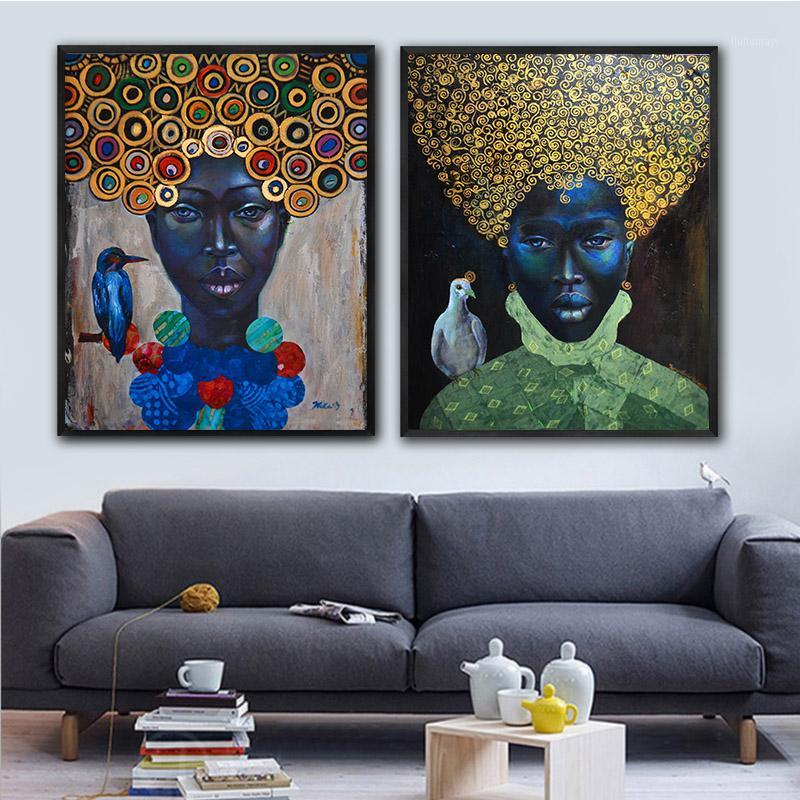 

GoldLife Africa canvas painting Wall Art Painting Pictures Posters and Prints Black Woman With Bird On Canvas Wall Pictures1