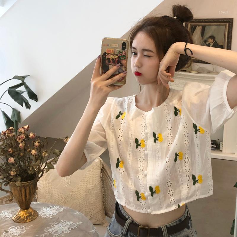 

Summer Embroidery Jacquard Lace Cherry Sweet Cutout Short Crop Top Women Lolita Korean Slim Shirt Blouse Vintage Button Blusas1, Orange cherry