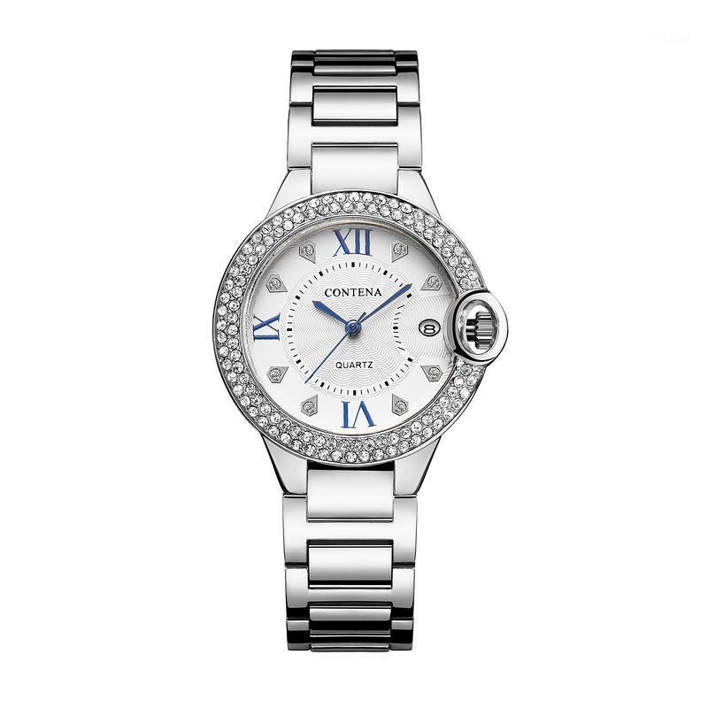 

Wristwatches Designed CONTENA Brand Simple Style Stainless Steel Watches Women Luxury Top Women's Watch Clock Gift1, Silver