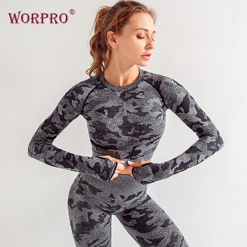 

2 piece fitness set women black camo leggings set long sleeve seamless gym fitness suit women sportswear gym wear, Beige