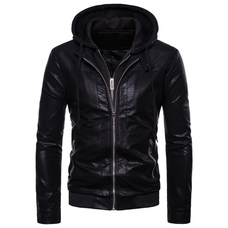 

Double zipper design winter hooded leather clothes jacket Men's fashion brand man new leather jacket Slim fit EU/US Large size, Black
