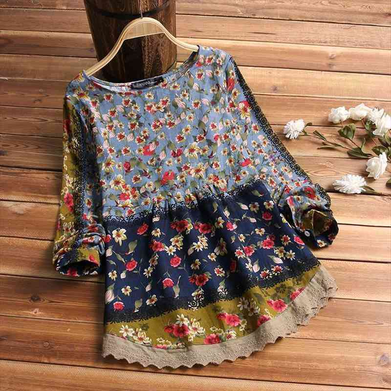 

Womens Casual Printed Tops Autumn Blouse Zanzea Kaftan Floral Tunic Patchwork Blusas Female Long Sleeve Shirts Oversized, White
