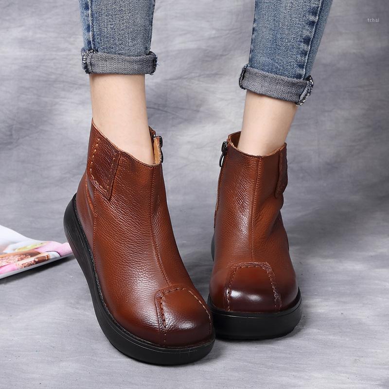 

Boots Vintage Style Genuine Leather Women Flat Booties Soft Cowhide Women's Shoes Front Zip Ankle Zapatos Mujer 5631, Brown