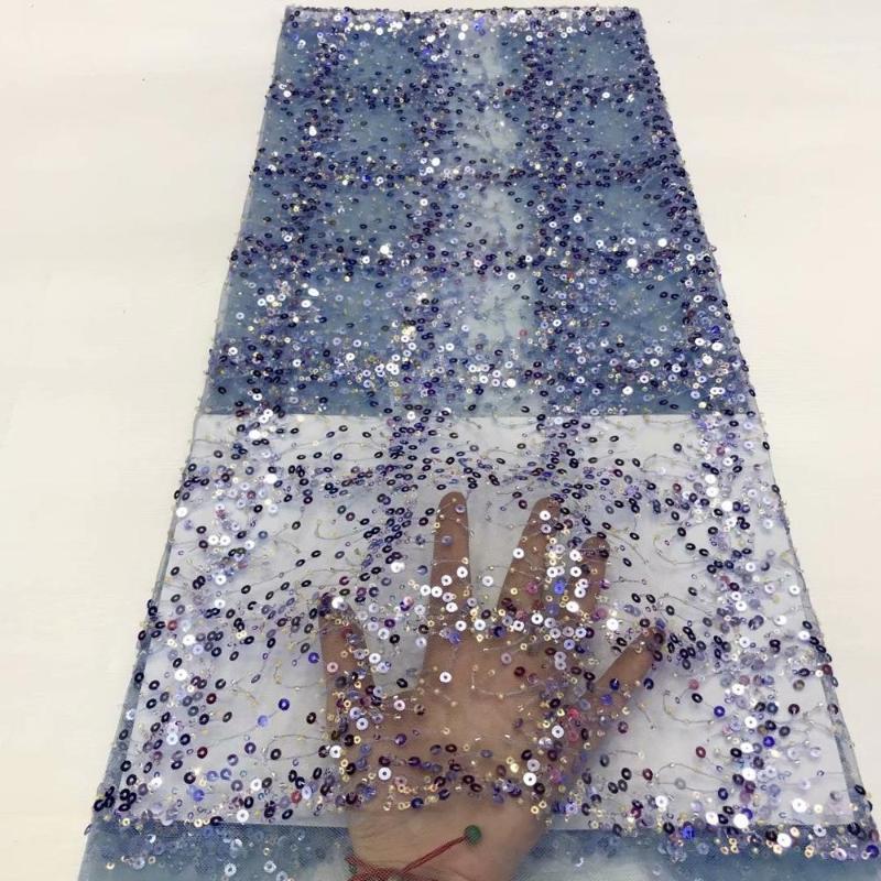 

Sky blue sequin lace fabric Gold wire material african french net lace tulle fabric 2020 high quality evening dress 5yards/lot1
