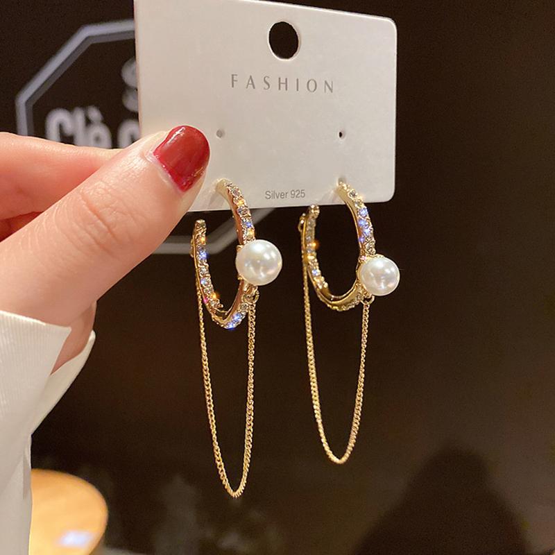 

Round Pearl Hoop Earrings for Women Bijoux Long Tassel Crystal Rhinestone Earrings Statement Jewelry Gifts