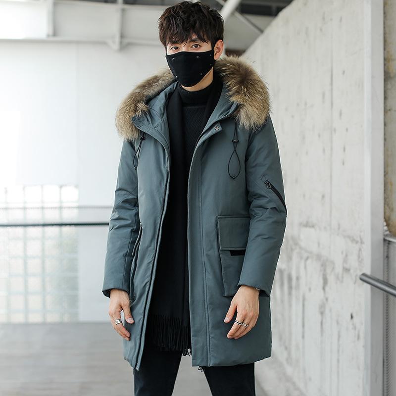 

Winter Mens Big Racoon Fur Hood Long Puffer Jackets Male Thick Warm White Duck Down Padded Overcoats for Men Parkas JK-926, Black