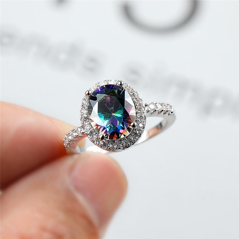 

Vintage Female Rainbow Crystal Stone Ring Classic Silver Color Thin Engagement Rings For Women Trendy Zircon Oval Wedding Ring1