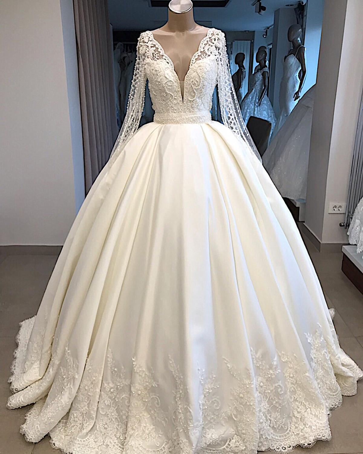 

2021 New Sexy Beading Draped Ball Illusion Bow Sleeve Dress Button Cover Sweep Train Dressed As Wedding 7J4T, Ivory