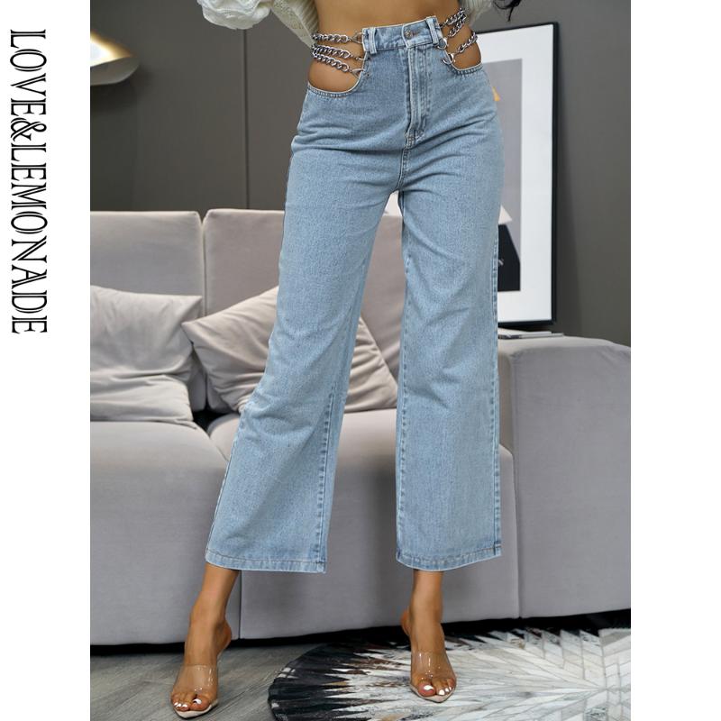 

LOVE&LEMONADE Sexy High Waist Cut Out Silver Chain Decoration Fit Flared Jeans LMDM008, Blue