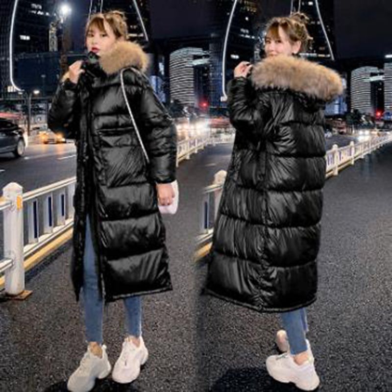 

Wholesale women's winter PU leather mid-length over-the-knee slim and thin thick down padded jacket, Blue