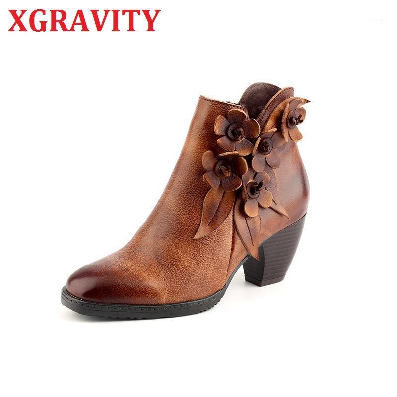 

XGRAVITY New Retro Floral Hand-made Genuine Leather Boots Fashion Flower Chunky Boots Vintage Shoes Retro Women Shoes S1481, Brown