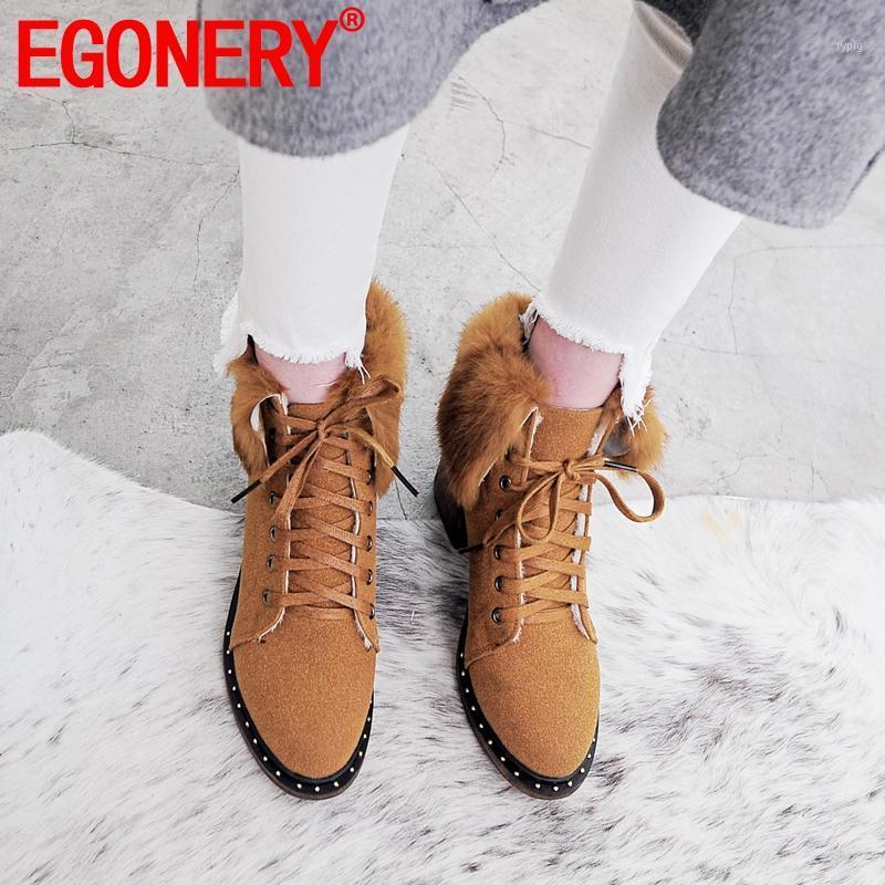 

EGONERY Woman Ankle Boots Leather Cow Suede Outdoor Winter Plush Snow Boots Green Black Brown 5.5cm Mid Heels Girl Shoes1, Cloth inside black