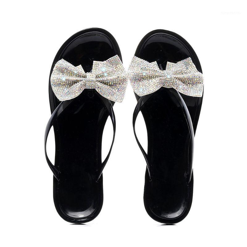 

Women Shiny Rhinestone Bowknot Flip-Flops Jewelry Sequins Beach Flat Sandals Summer Beach Jelly Clip Toe Slippers 20201, Black