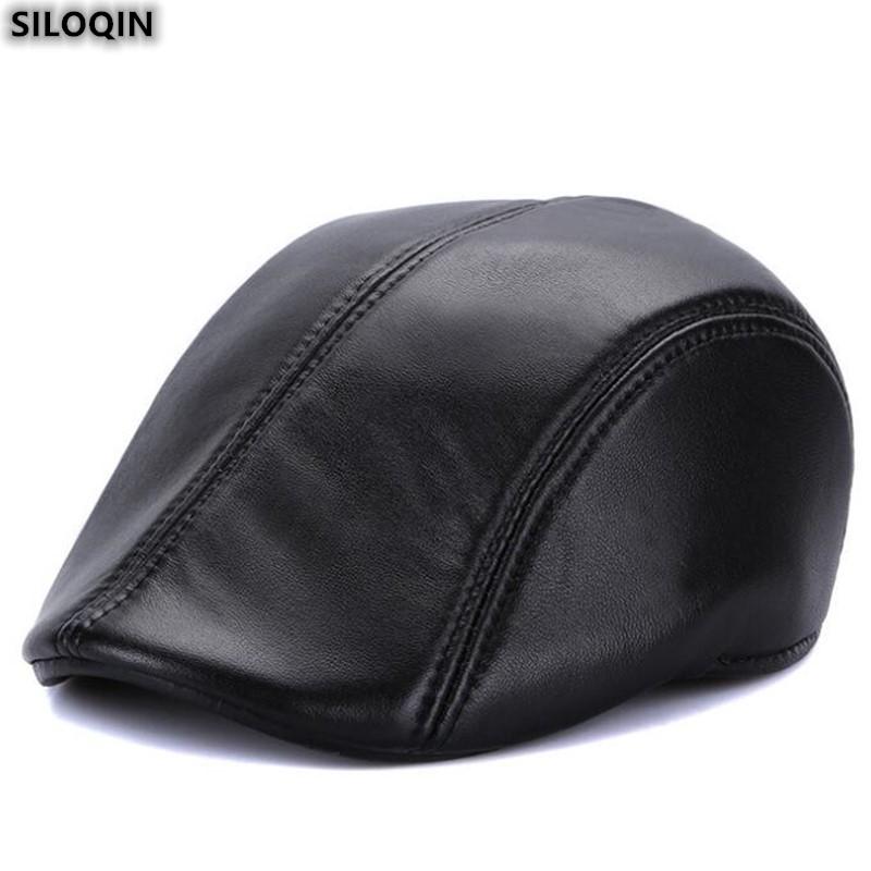 

SILOQIN Men's Genuine Leather Hat Autumn Winter New Thermal Berets Elegant Sheepskin Fashion Brands Leisure Tongue Cap Snapback, Black