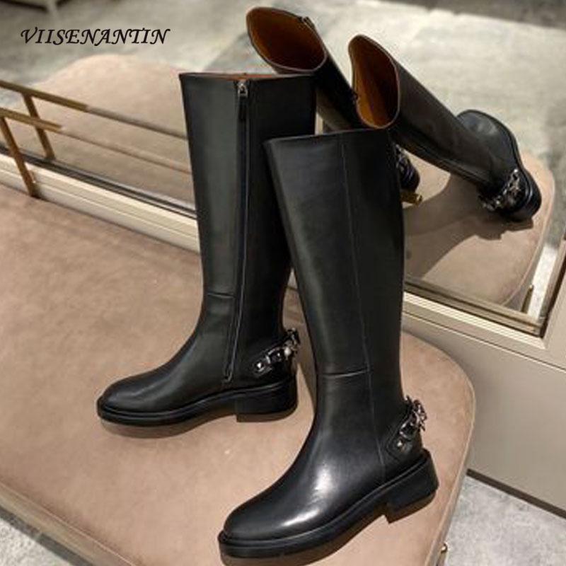 

Genuine Leather Side Zip Height Increasing Long Tube Rider Boots 2021 New Rhinestone Star Chain Knee High Women Boots, Black