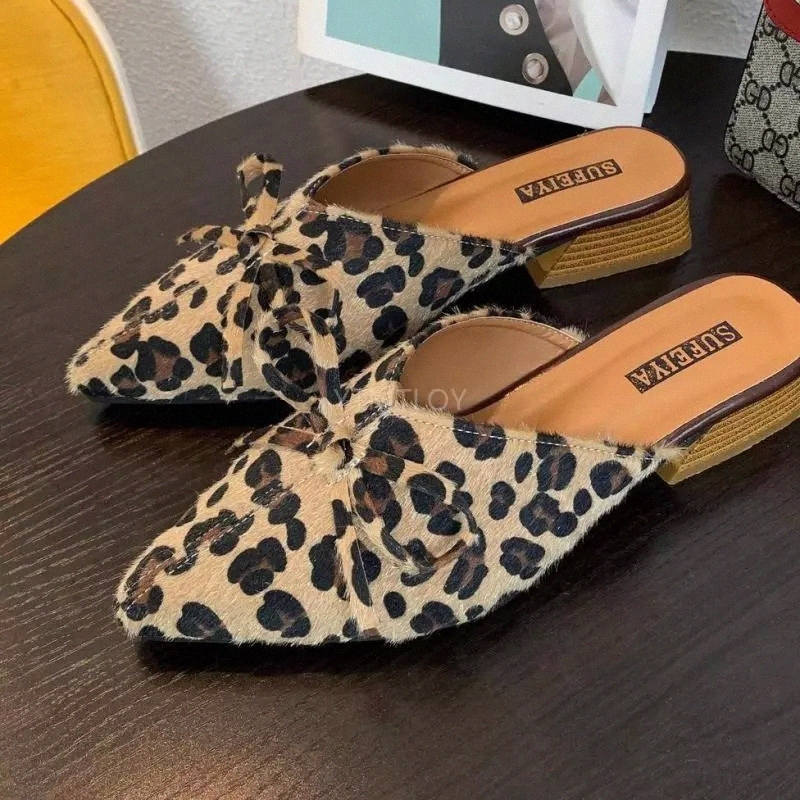 

Women Slippers Low-Heel Slip On Mules Brand Designers Fashion Luxury Bow-Knot Slides Leopard Square Heel Zapatillas Casa Mujer #2E5s